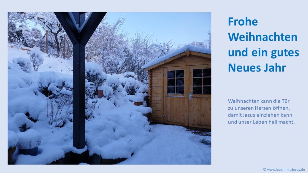e-cards zum neuen Jahr Neujahr Neujahrswünsche und Weihnachten Weihnachtszeit christliche e-cards Wintermotiv mit Schnee und Holzhütte besonders schöne e-card
