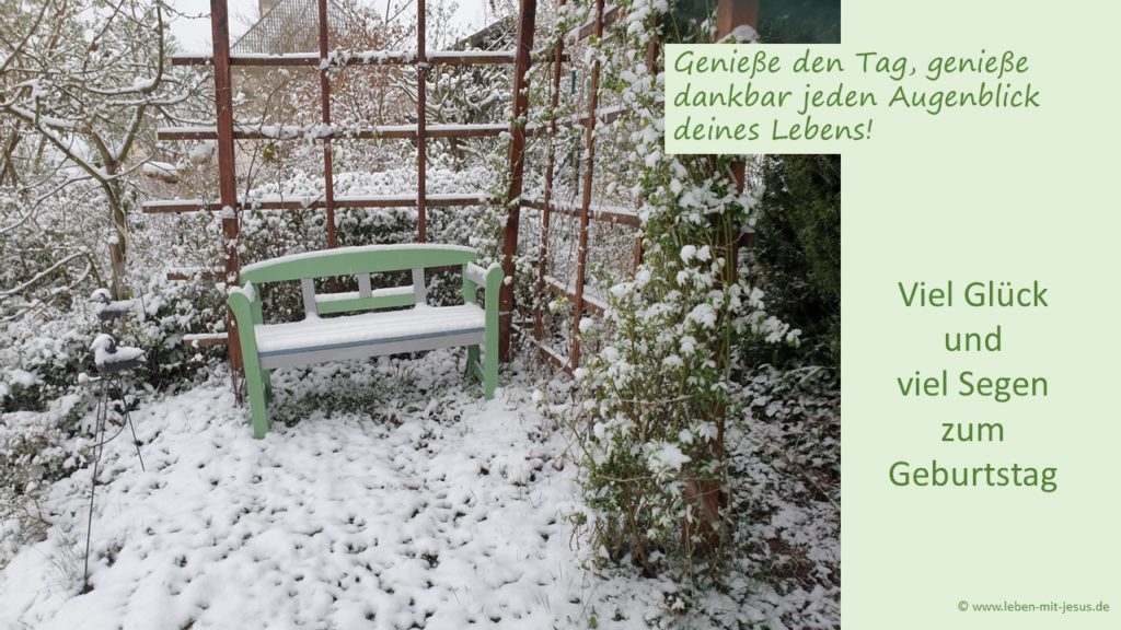e-cards zum Geburtstag christliche e-cards mit Bibelvers Bibelspruch Bibeltext Winter Wintermotiv Bank im Garten besinnliche e-card Männer e-card zur Ruhe kommen Ausruhen Aufatmen Glückwunsch Segensgruß Segenswunsch